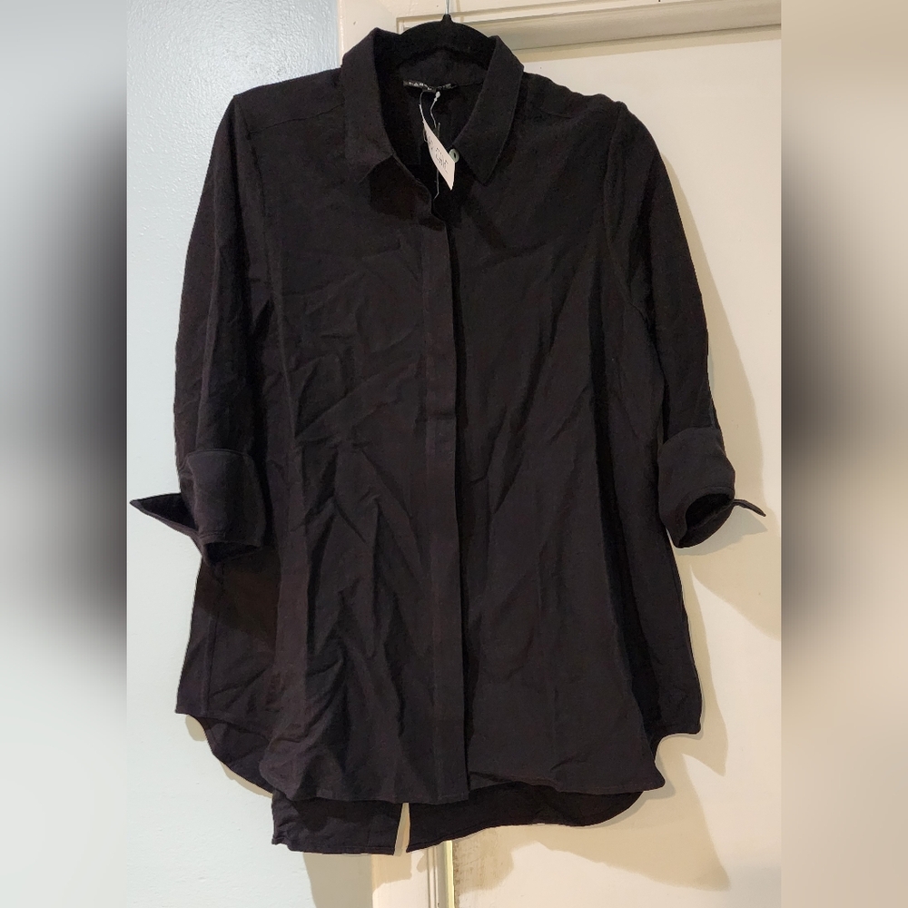 Women's Boho Chic Black Reverse Button-down Shirt L NWT